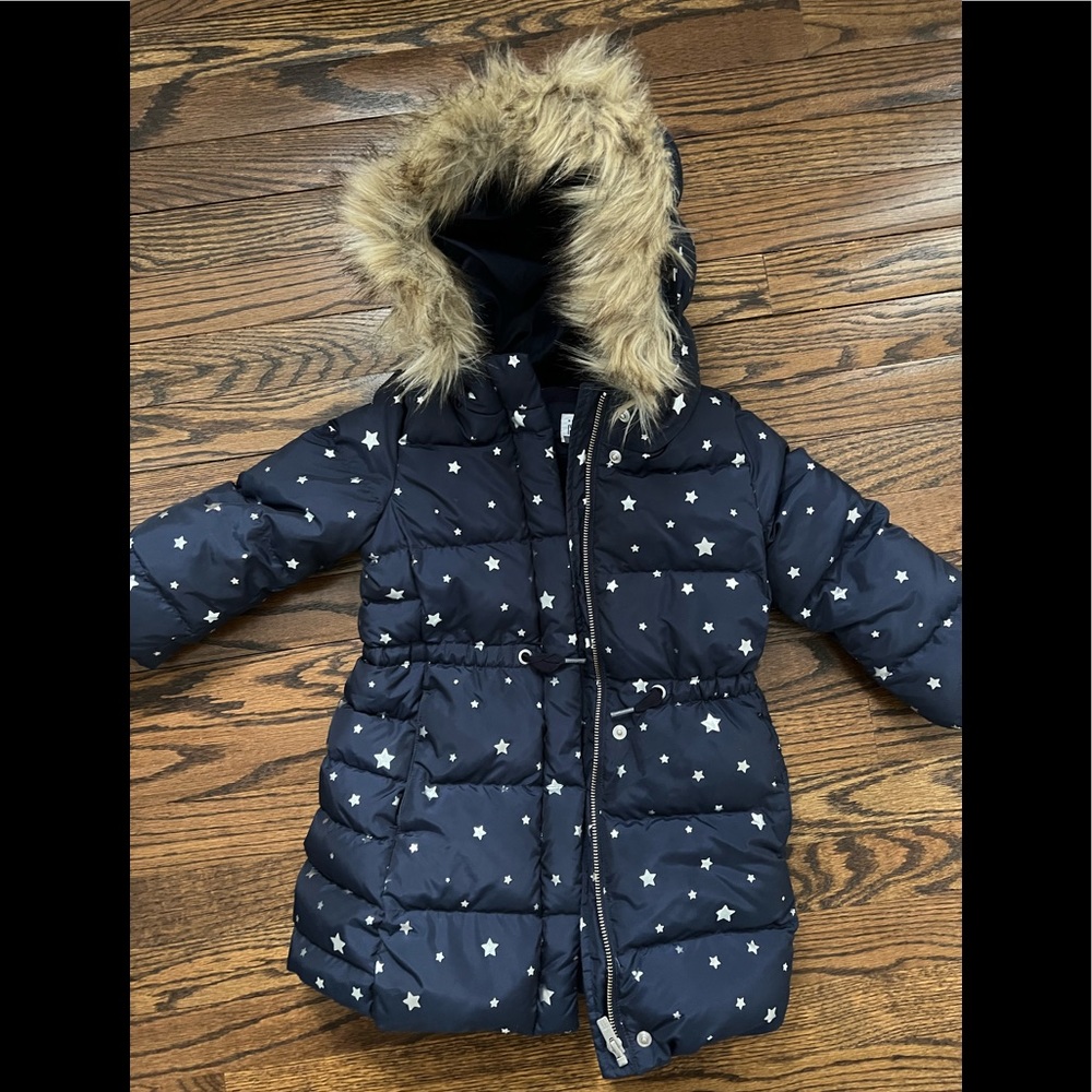 Gap Navy Silver Star Longline Winter Puffer Jacket Girls size 4 Faux Fur Hood